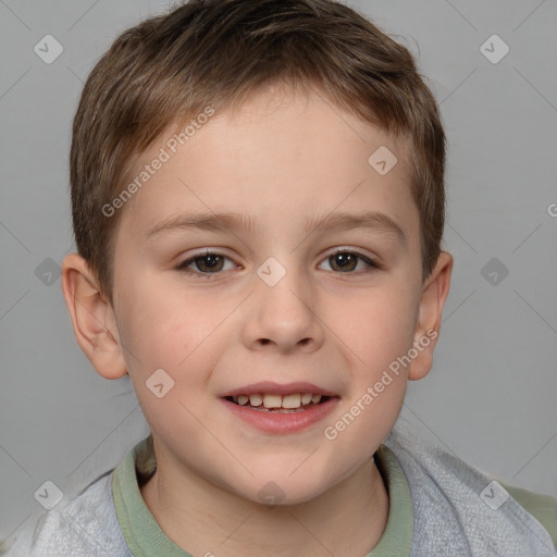 Joyful white child male with short  brown hair and brown eyes