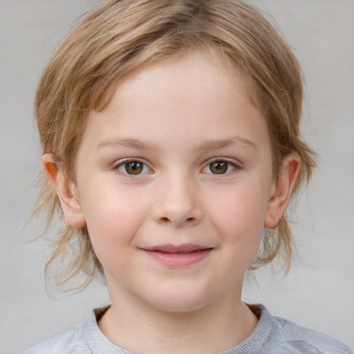 Joyful white child female with medium  brown hair and grey eyes