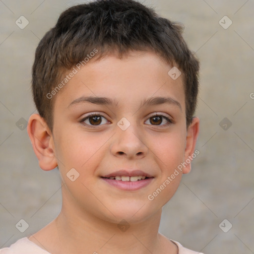 Joyful white child male with short  brown hair and brown eyes