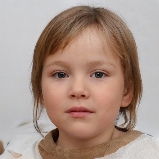 Neutral white child female with medium  brown hair and blue eyes