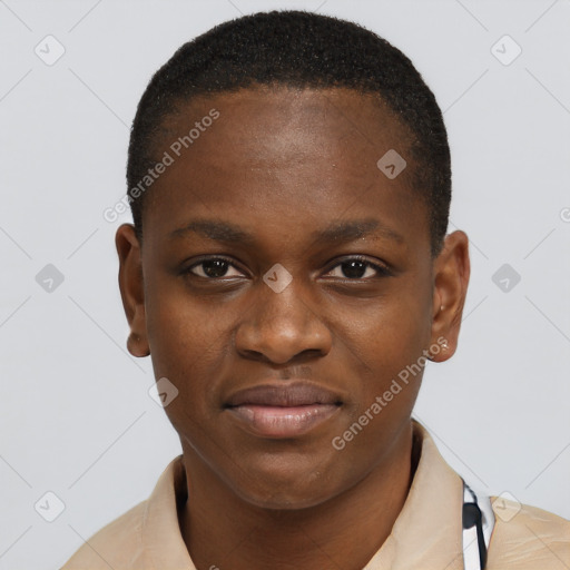 Joyful black young-adult female with short  brown hair and brown eyes