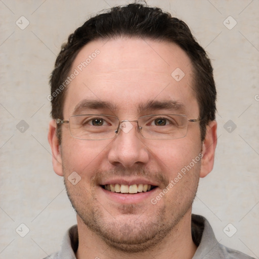 Joyful white adult male with short  brown hair and grey eyes