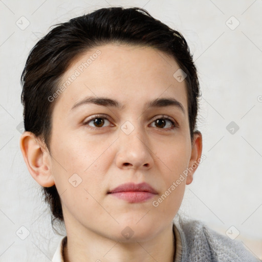 Neutral white young-adult female with short  brown hair and brown eyes