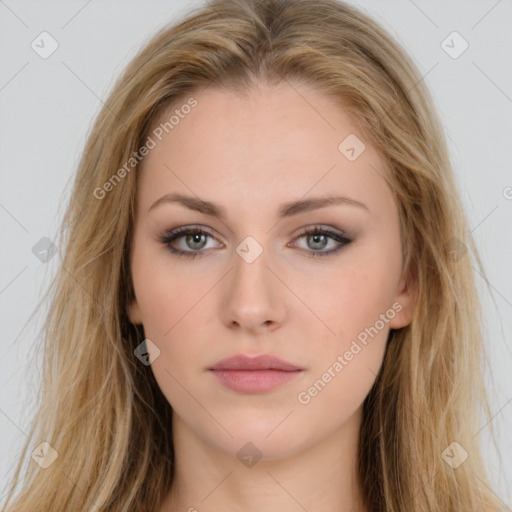 Neutral white young-adult female with long  brown hair and brown eyes