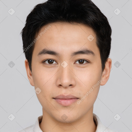 Neutral asian young-adult male with short  black hair and brown eyes