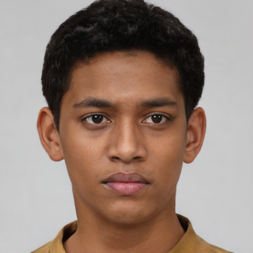 Neutral black young-adult male with short  black hair and brown eyes