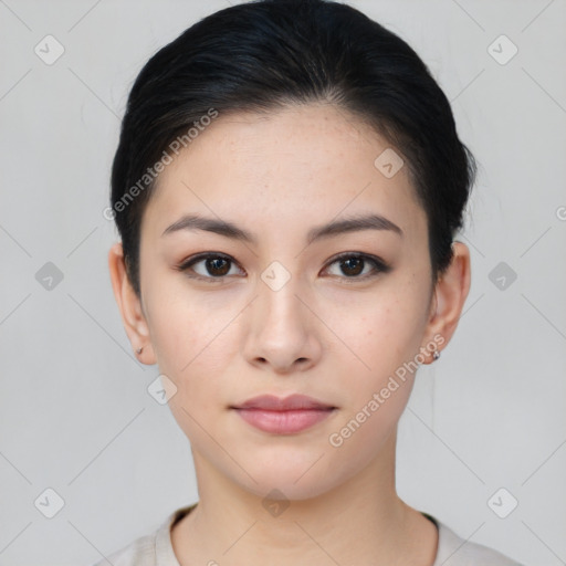 Neutral asian young-adult female with short  black hair and brown eyes