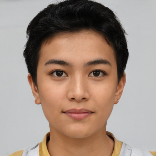 Neutral asian young-adult female with short  black hair and brown eyes