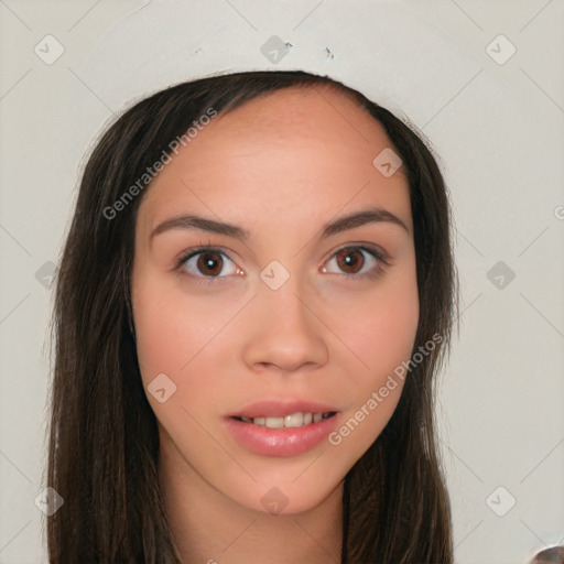 Neutral white young-adult female with long  brown hair and brown eyes