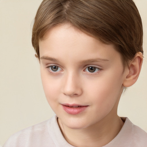 Joyful white child female with short  brown hair and brown eyes