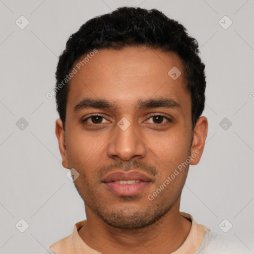 Neutral latino young-adult male with short  black hair and brown eyes