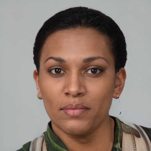 Neutral latino young-adult female with short  black hair and brown eyes