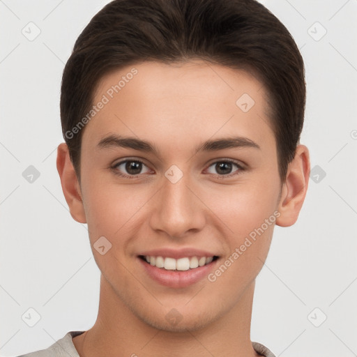 Joyful white young-adult female with short  brown hair and brown eyes