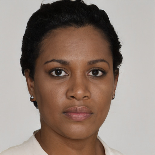 Neutral latino young-adult female with short  black hair and brown eyes