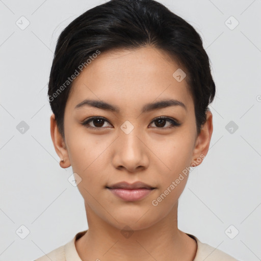 Neutral asian young-adult female with short  black hair and brown eyes