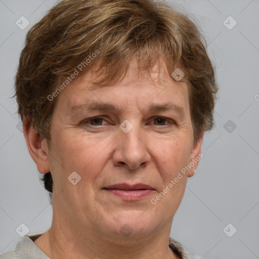 Joyful white adult male with short  brown hair and grey eyes