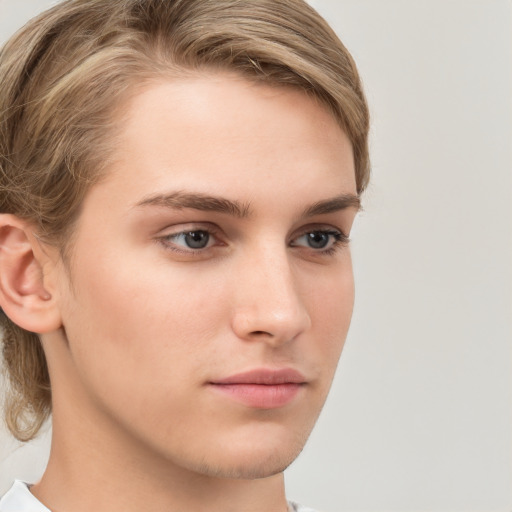 Neutral white young-adult female with medium  brown hair and grey eyes