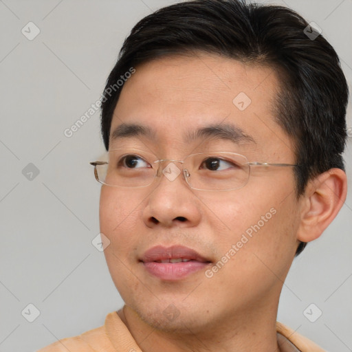 Neutral asian young-adult male with short  brown hair and brown eyes