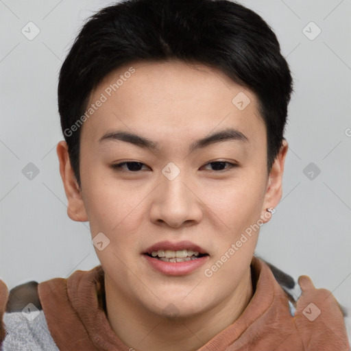 Joyful asian young-adult female with short  black hair and brown eyes