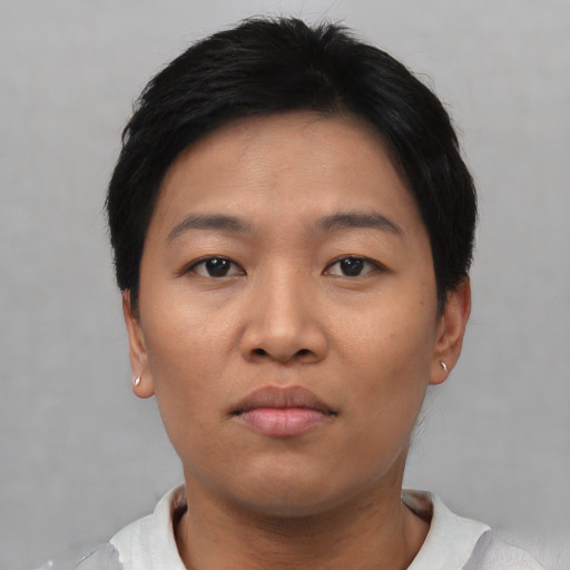 Neutral asian young-adult female with short  black hair and brown eyes