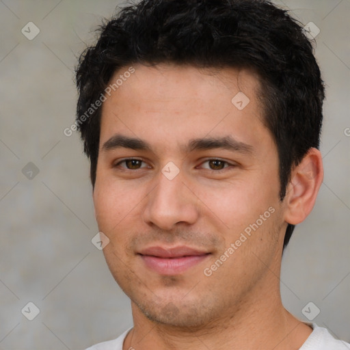 Joyful white young-adult male with short  black hair and brown eyes