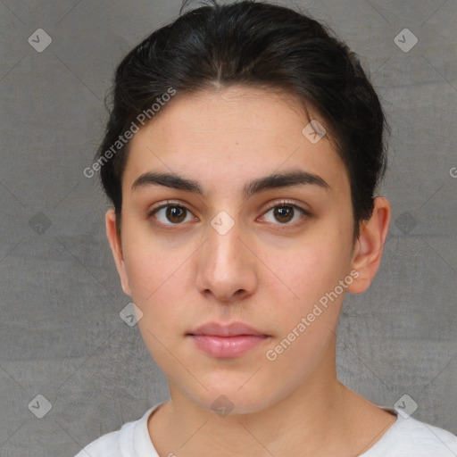 Neutral white young-adult female with short  brown hair and brown eyes