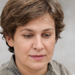 Joyful white adult female with medium  brown hair and blue eyes
