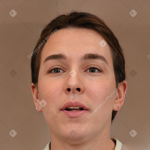 Neutral white young-adult male with short  brown hair and brown eyes