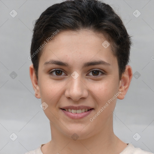 Joyful white young-adult female with short  brown hair and brown eyes