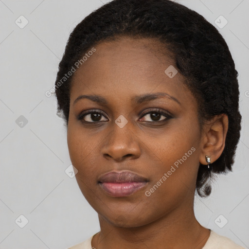 Neutral black young-adult female with short  black hair and brown eyes