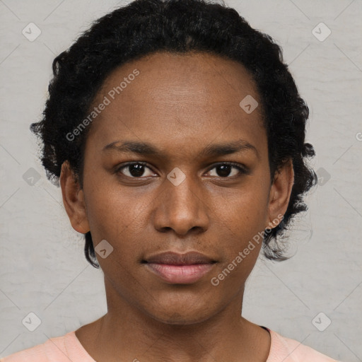 Neutral black young-adult female with short  black hair and brown eyes