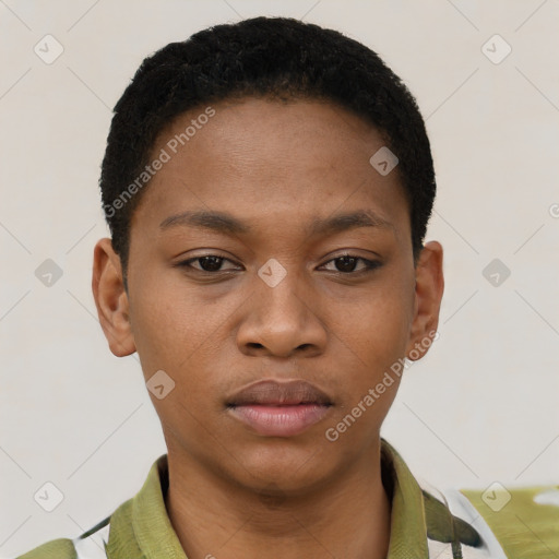 Neutral black young-adult female with short  black hair and brown eyes