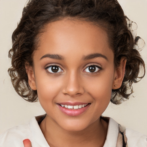 Joyful white child female with medium  brown hair and brown eyes