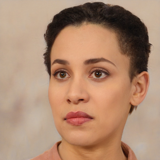 Neutral white young-adult female with short  brown hair and brown eyes
