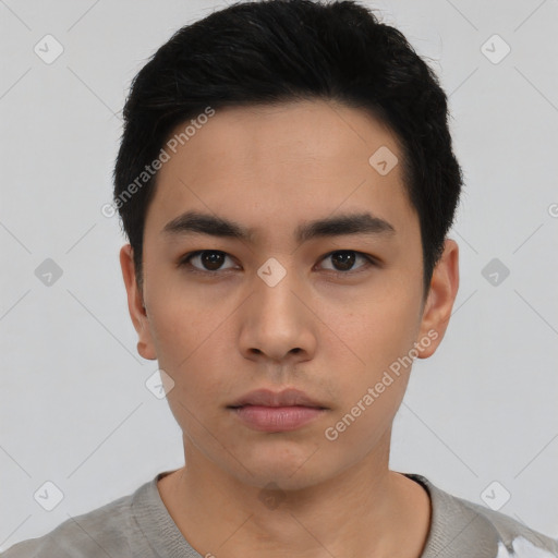 Neutral asian young-adult male with short  black hair and brown eyes