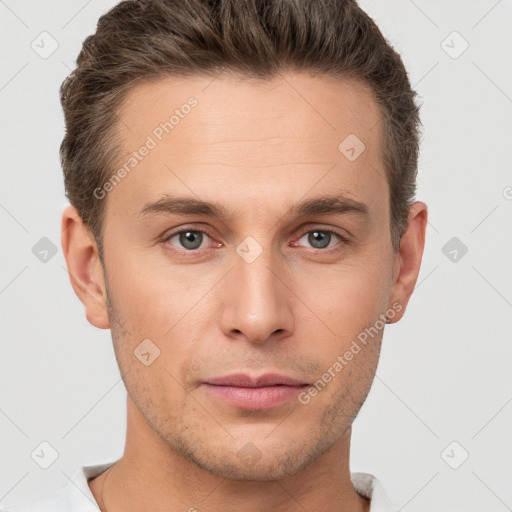 Neutral white young-adult male with short  brown hair and brown eyes