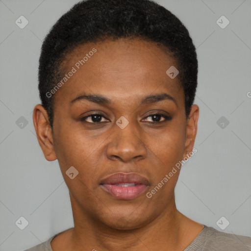 Neutral black young-adult female with short  black hair and brown eyes