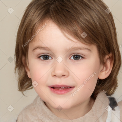 Joyful white child female with medium  brown hair and brown eyes