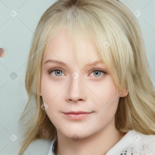 Neutral white child female with medium  brown hair and blue eyes