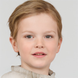 Joyful white child female with short  brown hair and brown eyes