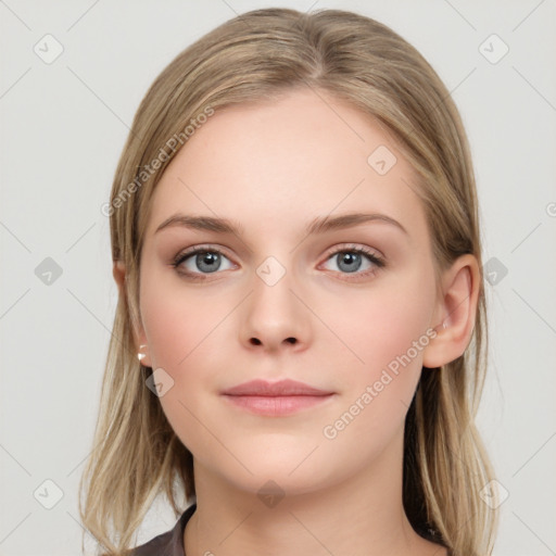 Neutral white young-adult female with long  brown hair and grey eyes