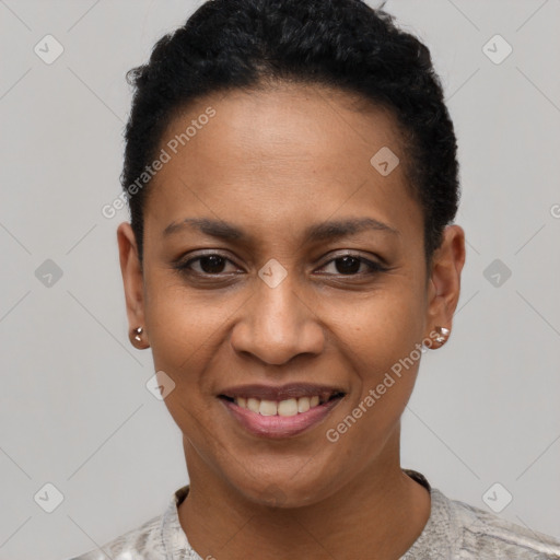 Joyful latino young-adult female with short  black hair and brown eyes