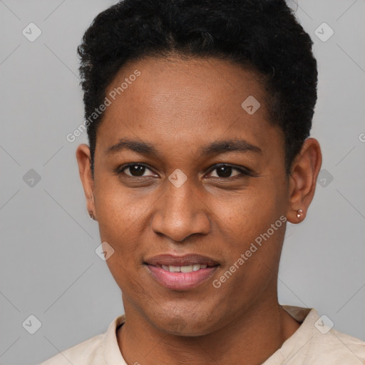 Joyful black young-adult female with short  black hair and brown eyes