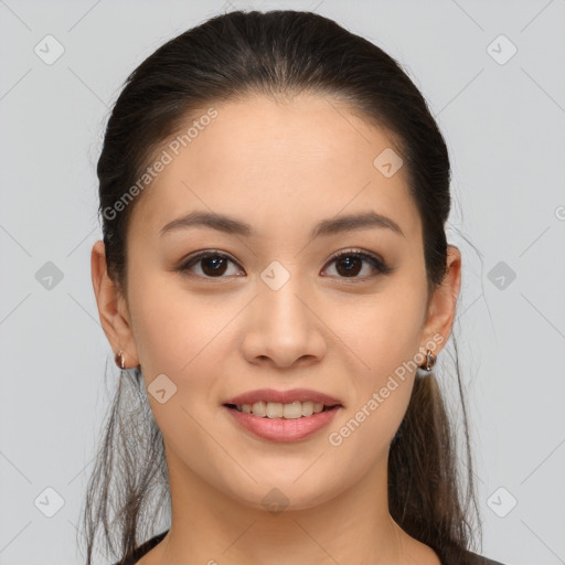 Joyful white young-adult female with long  brown hair and brown eyes