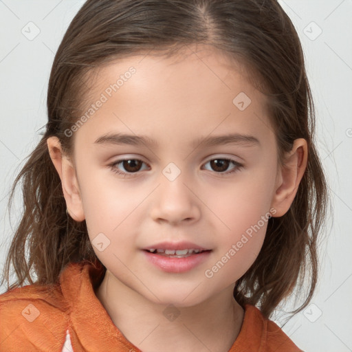 Joyful white child female with medium  brown hair and brown eyes