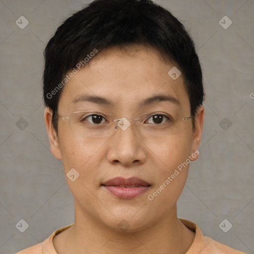 Joyful asian young-adult female with short  brown hair and brown eyes