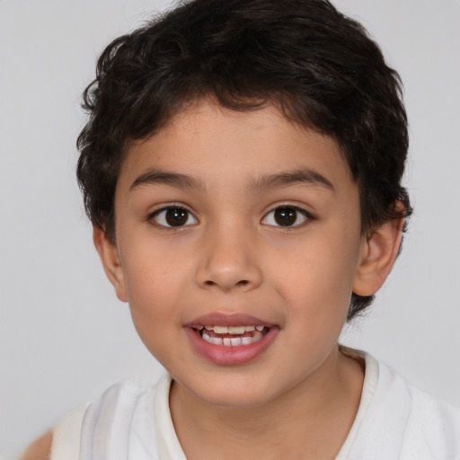 Joyful white child female with short  brown hair and brown eyes