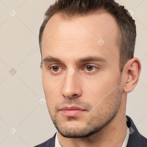 Neutral white young-adult male with short  brown hair and brown eyes