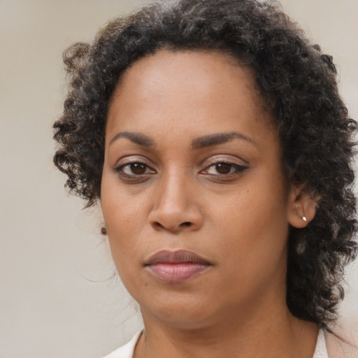 Neutral latino young-adult female with medium  brown hair and brown eyes