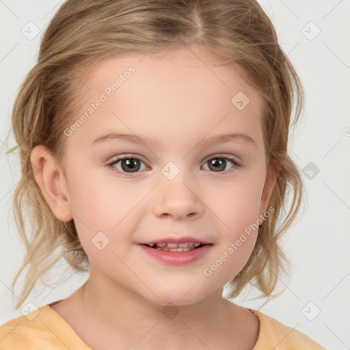 Joyful white child female with medium  brown hair and brown eyes